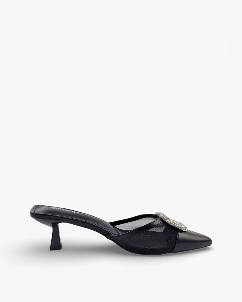 Elegant Pointed Toe Mule Heels - Crystal Buckle