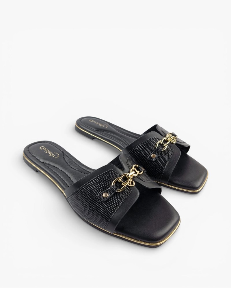 Flat Slip-On Sandals - Gold Chain Detail Black