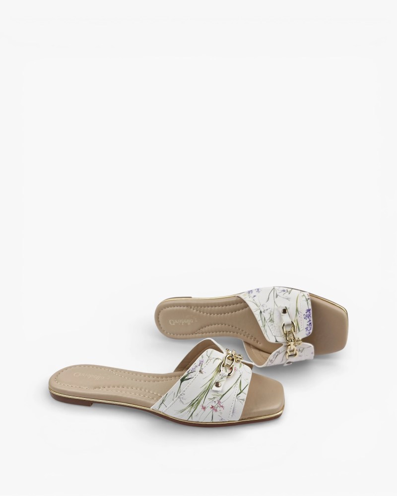 Flat Slip-On Sandals - Gold Chain Detail White