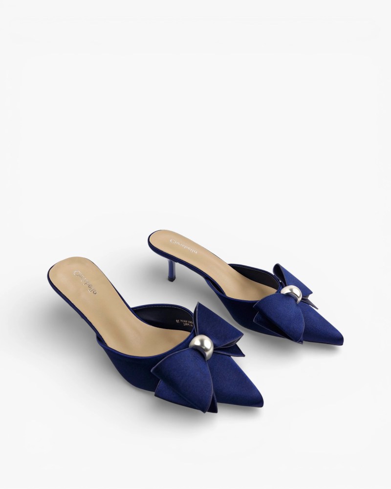 Alternative view of Navy Pointed Toe Bow Heels – Chic Slip On Mules